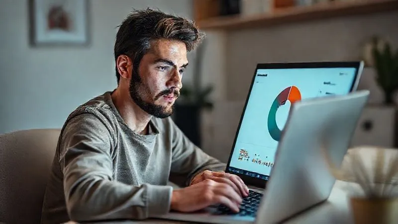 A photorealistic image of a digital nomad looking intently at a pie chart on a laptop screen, which visually breaks down their daily activities by time spent. The nomad has a thoughtful expression, surrounded by a clean, minimalist workspace. Professional photography, 8K, cinematic lighting, sharp focus on the laptop and nomad, depth of field, shot on a high-end DSLR.