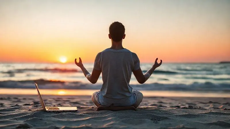 A photorealistic image of a digital nomad meditating peacefully on a tranquil beach at sunset, with a laptop closed beside them, symbolizing work-life balance achieved through efficient systems. The scene is calm and serene, with warm, cinematic lighting. Professional photography, 8K, sharp focus on the nomad, depth of field blurring the background, shot on a high-end DSLR.