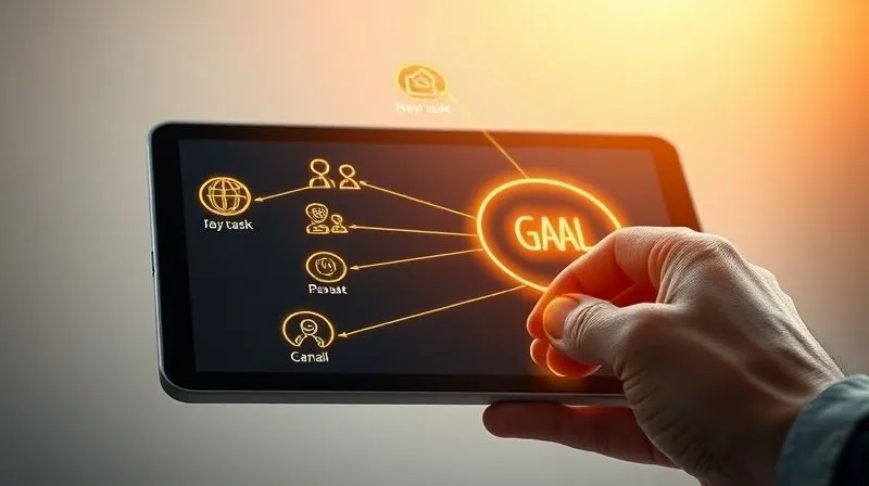 A photorealistic image of a person's hand drawing lines connecting small, daily task icons to larger, glowing goal icons on a digital tablet interface, symbolizing alignment and purpose. The background is a soft, inspiring gradient. 8K, cinematic lighting, sharp focus on the tablet, depth of field. Professional photography, shot on a high-end DSLR.
