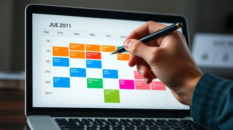 A photorealistic image of a digital calendar on a laptop screen, clearly showing color-coded blocks of time allocated for specific tasks like "Deep Work," "Client Calls," and "Personal Time." A hand holding a pen hovers over the screen, suggesting active planning. 8K, cinematic lighting, sharp focus on the calendar, depth of field. Professional photography, shot on a high-end DSLR.