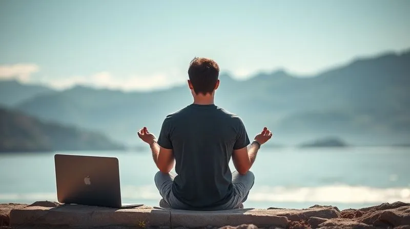 A photorealistic image of a person sitting calmly, meditating or deep in thought, with a laptop closed beside them. The background is a serene, natural landscape (e.g., mountains or a quiet beach), suggesting balance and mental clarity. 8K, cinematic lighting, sharp focus on the person, depth of field. Professional photography, shot on a high-end DSLR.