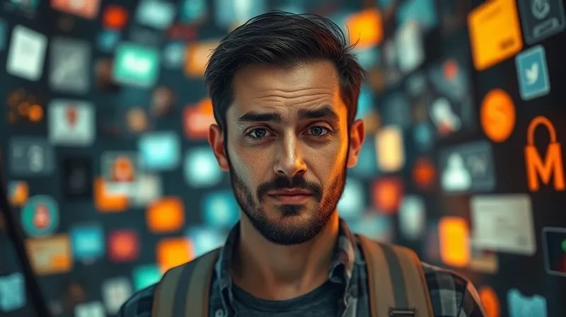 A photorealistic image of a digital nomad, initially looking stressed and surrounded by a jumble of glowing digital notifications, then transitioning to a calm, focused expression as the notifications recede and a clear, prioritized path appears before them. This visual metaphor shows overcoming digital overwhelm. 8K, cinematic lighting, sharp focus on the nomad's transformation, depth of field. Professional photography, shot on a high-end DSLR.
