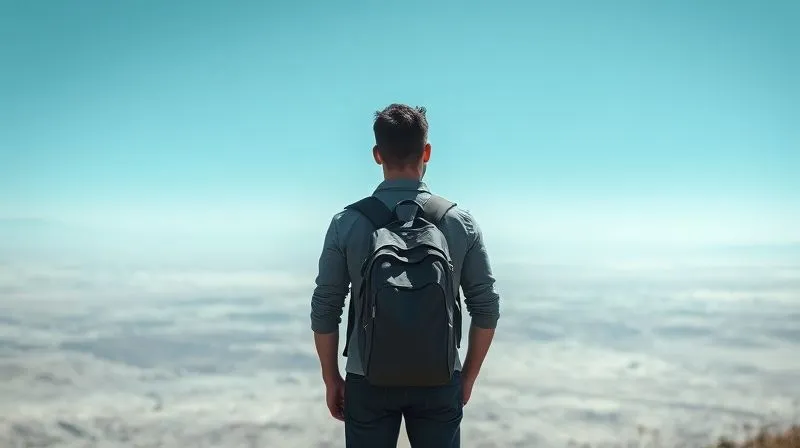 Photorealistic image of a lone figure with a backpack looking at a vast, empty landscape, symbolizing a feeling of lost purpose, cinematic lighting, sharp focus on the figure's contemplative posture, depth of field blurring the background, 8K, professional photography, shot on a high-end DSLR.