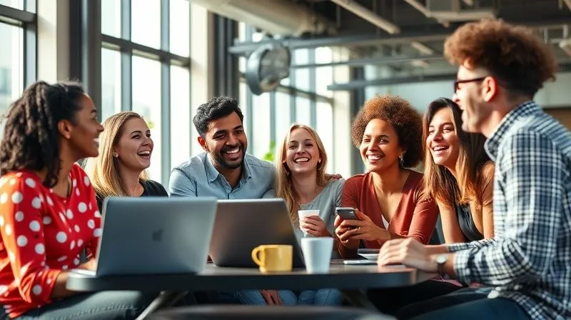 A diverse group of digital nomads laughing and collaborating in a modern, sunlit co-working space, with laptops and coffee. The atmosphere is vibrant and connected, professional photography, 8K, cinematic lighting, sharp focus on the group interaction, depth of field blurring background elements, shot on a high-end DSLR.