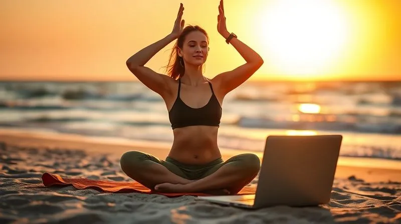 A serene digital nomad practicing yoga on a beach at sunset, with a laptop closed beside them, symbolizing digital detox and self-care. The lighting is warm and golden, casting long shadows. Sharp focus on the peaceful expression and posture, depth of field blurring the ocean and horizon. Professional photography, 8K, shot on a high-end DSLR.