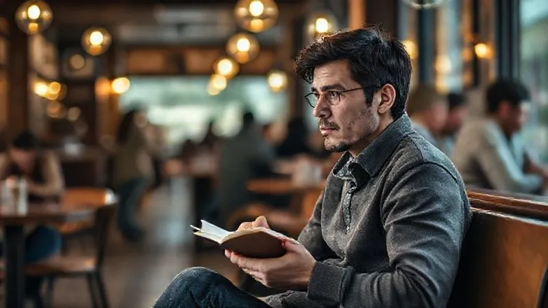 A photorealistic image depicting a thoughtful person sitting alone in a bustling cafe, with a subtle aura of calm and deep introspection. The person is holding a journal, making notes, and occasionally observing the environment with a gentle, observant gaze. The lighting is soft and natural, emphasizing a sense of inner peace amidst the external activity. Professional photography, 8K, cinematic lighting, sharp focus on the person, depth of field blurring the cafe background, shot on a high-end DSLR.