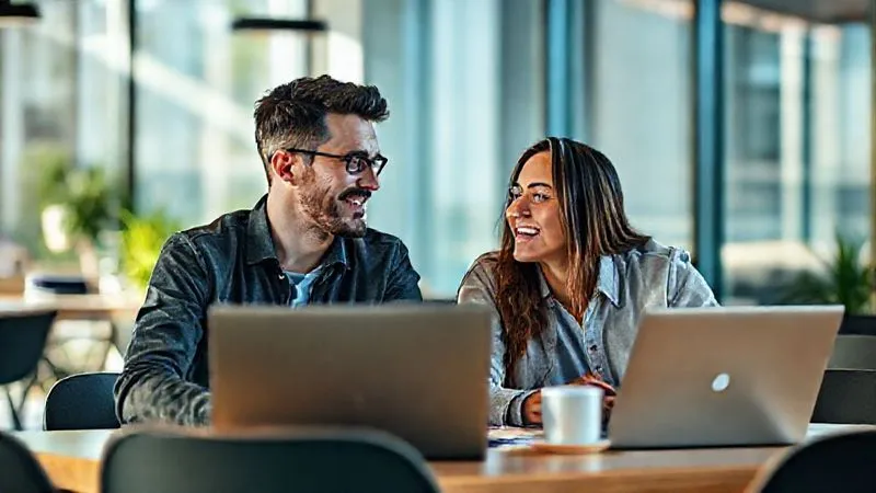A photorealistic image of two digital nomads having an engaged, one-on-one conversation in a modern, sunlit co-working space. One person is actively listening with an empathetic expression, while the other is speaking animatedly. The setting is relaxed but professional, with laptops and coffee cups on a table. Professional photography, 8K, cinematic lighting, sharp focus on the two individuals, depth of field blurring the background, shot on a high-end DSLR.