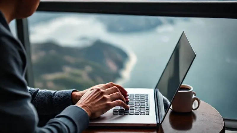 A photorealistic image of a digital nomad sending a thoughtful message on a laptop, with a cup of coffee beside them, overlooking a scenic view (e.g., mountains or ocean) from a balcony. The focus is on the act of thoughtful communication and maintaining connections across distances. Professional photography, 8K, cinematic lighting, sharp focus on the laptop and hands, depth of field blurring the background, shot on a high-end DSLR.