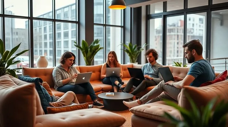 A vibrant, modern coliving space lounge area with several digital nomads working collaboratively on laptops, large windows, strong natural light, and visible Wi-Fi signal indicators. Photorealistic, professional photography, 8K, cinematic lighting, sharp focus on the activity, depth of field, shot on a high-end DSLR, conveying community and productivity.