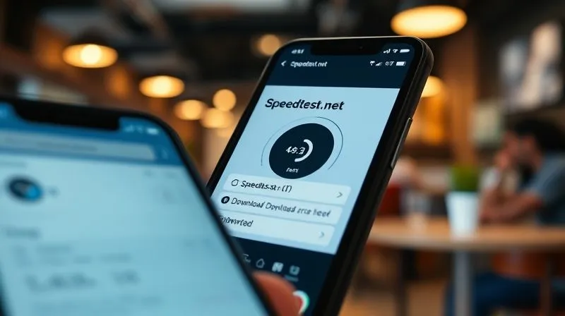 A close-up, photorealistic shot of a smartphone screen displaying a Speedtest.net result showing high download and upload speeds, with a blurred background of a bustling cafe or coworking space. Professional photography, 8K, cinematic lighting, sharp focus on the phone screen, depth of field, shot on a high-end DSLR, emphasizing reliable internet access.