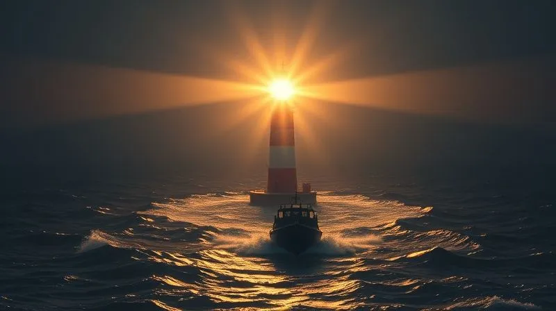 A photorealistic image of a lighthouse beaming a strong, focused light across a dark, turbulent sea, with a small, sturdy ship navigating towards it. Cinematic lighting, 8K, sharp focus.