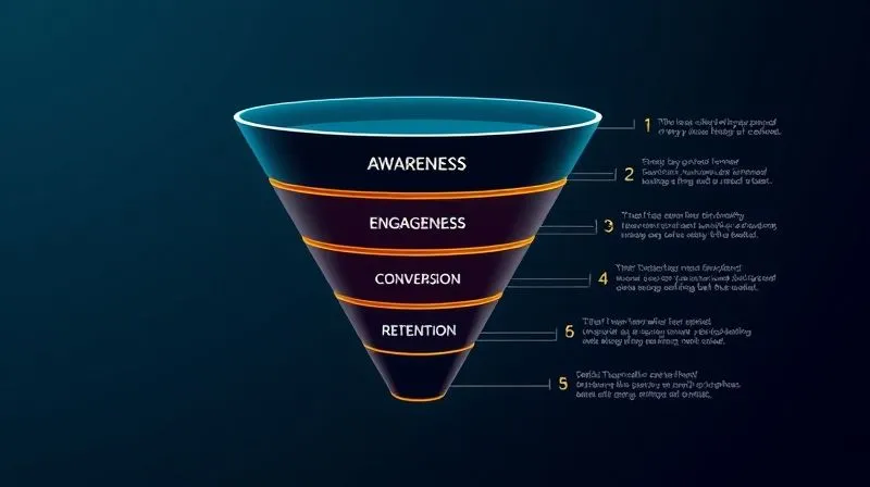 A photorealistic and clean infographic-style image of a sales funnel, with clear, distinct stages labeled "Awareness," "Engagement," "Conversion," and "Retention." The funnel should have a sophisticated, modern design with subtle glowing lines. Cinematic lighting, 8K, sharp focus.
