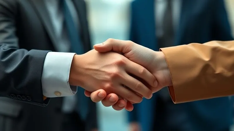 A photorealistic image of two hands, one gently holding the other, symbolizing trust and long-term partnership. The background is a soft, blurred scene of a successful business meeting. Cinematic lighting, 8K, sharp focus, depth of field.