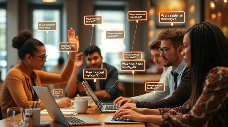 A photorealistic image of a diverse group of professional digital nomads, some in co-working spaces, some in cafes, actively participating in a virtual workshop. One person raises a hand virtually, while another types a question. The overall scene conveys active engagement and a sense of shared problem-solving, with glowing lines connecting questions to potential solutions. Cinematic lighting, sharp focus on the participants' faces, depth of field blurring the background elements, 8K hyper-detailed, shot on a high-end DSLR.