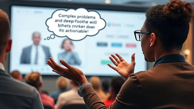 A photorealistic image of a workshop facilitator (diverse, professional) using hand gestures to encourage audience participation and deeper thinking during a Q&A session. A thought bubble above a participant's head shows a complex problem being broken down into actionable steps. The setting is a modern, clean virtual workshop interface on a large screen. Cinematic lighting, sharp focus on the facilitator and the thought bubble, depth of field blurring the virtual audience, 8K hyper-detailed, shot on a high-end DSLR.