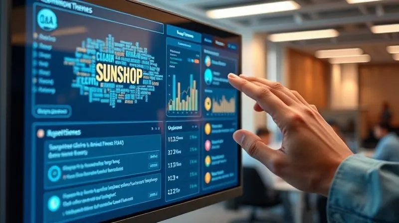 A photorealistic image of a sleek, futuristic digital dashboard displaying real-time Q&A data during a virtual workshop. The screen shows a word cloud of common themes, sentiment analysis graphs, and a prioritized list of questions with upvotes. A hand with subtle glowing lines interacts with the interface. Cinematic lighting, sharp focus on the dashboard, depth of field blurring a modern office background, 8K hyper-detailed, shot on a high-end DSLR.