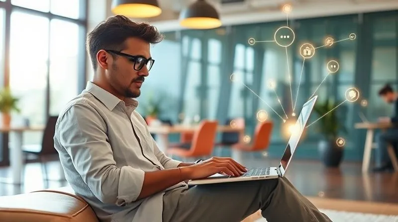 A photorealistic image of a professional digital nomad, sitting comfortably at a laptop in a vibrant, sunlit co-working space, actively typing and brainstorming. Surrounding them are subtle, glowing thought bubbles and connecting lines representing ideas, questions, and actionable plans coming to fruition. The overall mood is one of creative problem-solving and proactive engagement. Cinematic lighting, sharp focus on the nomad and their screen, depth of field blurring the background, 8K hyper-detailed, shot on a high-end DSLR.