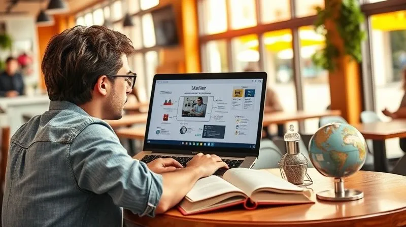 A photorealistic image depicting a digital nomad working on a laptop in a vibrant, sunlit cafe, with a complex project dashboard on the screen. Around them, subtle visual cues of learning are present: a partially open book, a mind map on a tablet, and a small globe. The scene conveys a sense of focused productivity amidst a dynamic lifestyle. Cinematic lighting, sharp focus, depth of field. Professional photography, 8K hyper-detailed.