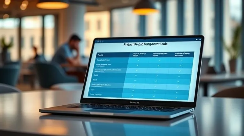 A photorealistic, professional photography shot of a sleek laptop screen displaying a comparison table of project management tools. The table highlights features like 'Flexibility', 'Learning Integration', 'Collaboration', and 'Cost'. The background is a blurred, modern co-working space, with cinematic lighting emphasizing the screen. 8K hyper-detailed, sharp focus on the table content.