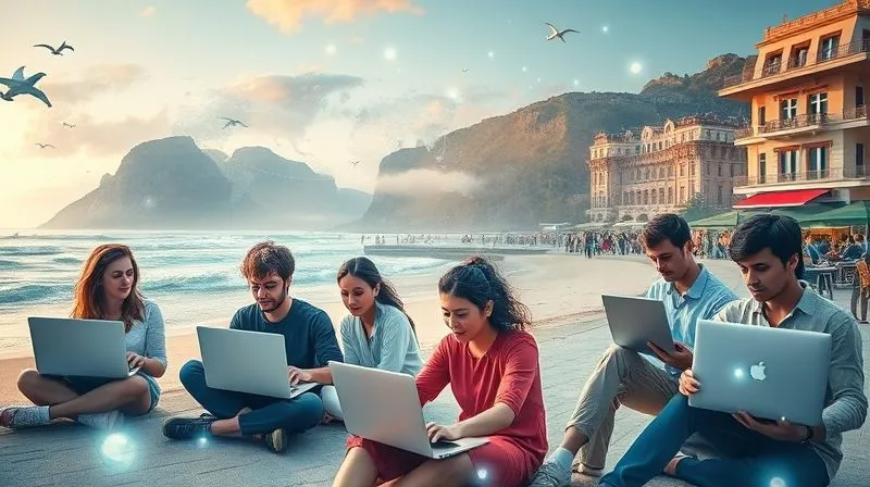 A photorealistic image showing a diverse group of adult nomads, each with a laptop, scattered in various beautiful international locations (e.g., a beach, a mountain cafe, a bustling city square), all connected by glowing lines of data, symbolizing the global reach of e-learning and remote work. The atmosphere is aspirational and empowering. Cinematic lighting, sharp focus on the individuals and their devices, depth of field, 8K hyper-detailed, professional photography, shot on a high-end DSLR.