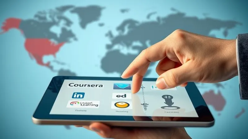 A photorealistic image of a person's hand hovering over a tablet screen displaying various e-learning platform logos (e.g., Coursera, edX, LinkedIn Learning), with a backdrop of a blurred world map, symbolizing choice and global access to education. The hand is pointing to one logo, indicating a deliberate decision. Cinematic lighting, sharp focus on the tablet, depth of field, 8K hyper-detailed, professional photography, shot on a high-end DSLR.
