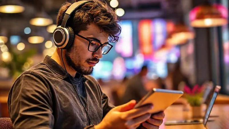 A photorealistic image depicting a focused digital nomad, wearing noise-canceling headphones, deeply engaged in a learning activity on a tablet, with a vibrant, blurred background of a bustling co-working space in a foreign city. Professional photography, 8K, cinematic lighting, sharp focus, depth of field, shot on a high-end DSLR.