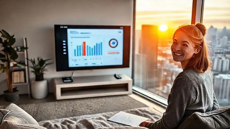 A photorealistic image of a young woman (Ana), smiling confidently, presenting a successful SEO report on a large screen to a diverse, remote team on a video call, while she is in a modern, minimalist apartment overlooking a bustling city. Professional photography, 8K, cinematic lighting, sharp focus, depth of field, shot on a high-end DSLR.