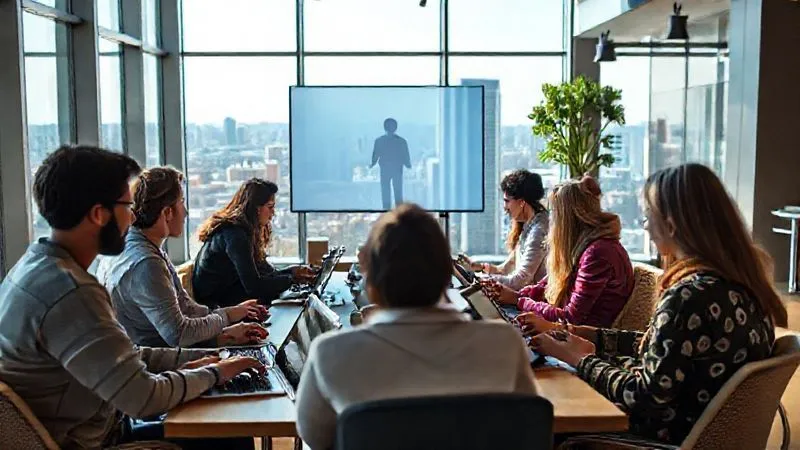 A photorealistic image showing a diverse group of digital nomads, some on laptops, others on tablets, engaged in a virtual mentorship session, with a guiding figure projected on a central screen. The scene is a modern, sunlit co-working space with large windows overlooking a vibrant city. Professional photography, 8K, cinematic lighting, sharp focus, depth of field, shot on a high-end DSLR.
