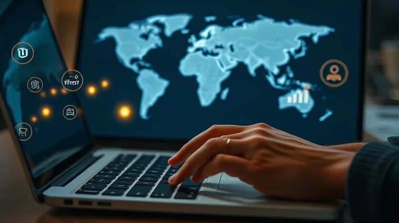 A photorealistic image of a person's hands typing on a laptop keyboard, with a world map subtly projected onto the screen background. Various small, glowing icons representing different freelance platforms (Upwork, Fiverr, Toptal) are floating around the laptop. The scene conveys productivity, global reach, and the freedom of remote work. Cinematic lighting, sharp focus on hands and keyboard, depth of field blurring the background, 8K, shot on a high-end DSLR.
