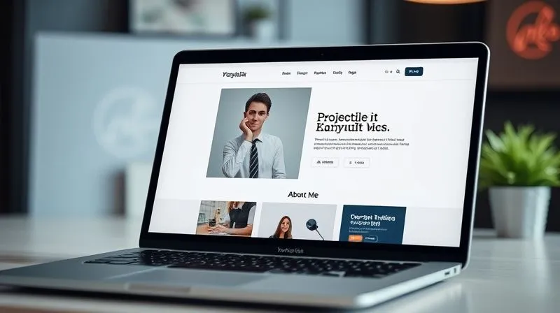 A photorealistic close-up of a sleek, modern laptop screen displaying a beautifully designed online portfolio website. The screen shows a professional headshot, clear project thumbnails, and a compelling 'About Me' section. In the background, subtly blurred, are elements of a personal brand identity like a minimalist logo and consistent color palette. Cinematic lighting, sharp focus on the screen, depth of field blurring the background, 8K, shot on a high-end DSLR.