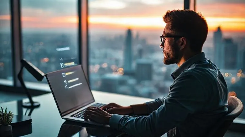 A photorealistic image of a digital nomad sitting at a laptop, looking determined, with a clear, glowing 'SMART Goal' checklist projected onto the screen, showing progress bars filling up. The background is a modern, minimalist workspace with a view of a vibrant cityscape at sunset. Professional photography, 8K, cinematic lighting, sharp focus on the laptop screen and the nomad's thoughtful expression, depth of field blurring the background, shot on a high-end DSLR.