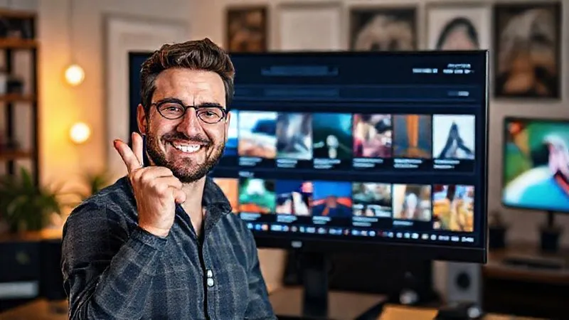 A photorealistic image of a digital nomad proudly showcasing a sleek, modern online portfolio on a large monitor, with vibrant project thumbnails and detailed case studies visible. The nomad has a satisfied expression, and the background subtly suggests a creative, organized workspace. Professional photography, 8K, cinematic lighting, sharp focus on the monitor and the nomad's hand gesturing, depth of field blurring the background, shot on a high-end DSLR.