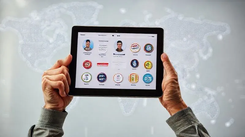 A photorealistic image of a digital nomad holding up a tablet displaying various digital badges and microcredentials on a professional profile, with a backdrop of a global map dotted with connection lines, symbolizing global recognition and validated skills. The lighting is bright and optimistic. Professional photography, 8K, cinematic lighting, sharp focus on the tablet screen and the proud expression of the nomad, depth of field blurring the background, shot on a high-end DSLR.