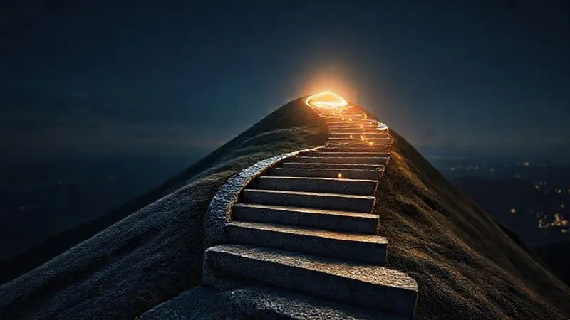 A photorealistic image depicting a winding path or a spiral staircase ascending towards a brightly lit peak, symbolizing continuous learning and growth. Along the path, there are small markers representing milestones of skill acquisition and validation. The overall mood is one of progress and ascent. Professional photography, 8K, cinematic lighting, sharp focus on the path, depth of field blurring the distant background, shot on a high-end DSLR.