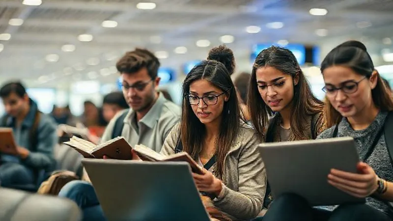 Photorealistic, professional photography, 8K, cinematic lighting, sharp focus, depth of field, shot on a high-end DSLR. A young, diverse group of digital nomads, each with a laptop, looking slightly overwhelmed but determined, scattered in a bustling international airport lounge, some trying to read books while others type furiously. The scene should convey the challenge of multi-tasking and constant movement, with a subtle hint of stress but also resilience. Warm, ambient lighting and a shallow depth of field focusing on their expressions.