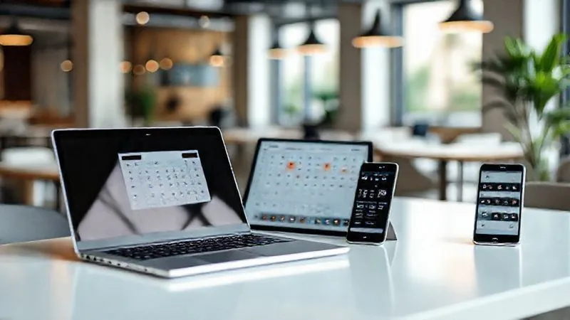 Photorealistic, professional photography, 8K, cinematic lighting, sharp focus, depth of field, shot on a high-end DSLR. A stylized, clean desk setup for a digital nomad, featuring a sleek laptop, a tablet displaying a calendar app, and a smartphone showing social media scheduling. The background is a slightly blurred, modern co-working space with natural light. The overall impression should be one of streamlined efficiency and organization, with technology as an enabler.