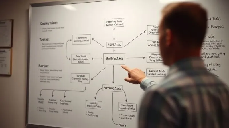A photorealistic, professional photography shot of a detailed, intricate flowchart diagram on a whiteboard, with various tasks and decision points connected by arrows. A blurred figure in the background points to a specific bottleneck. Cinematic lighting, sharp focus on the diagram, depth of field. 8K.