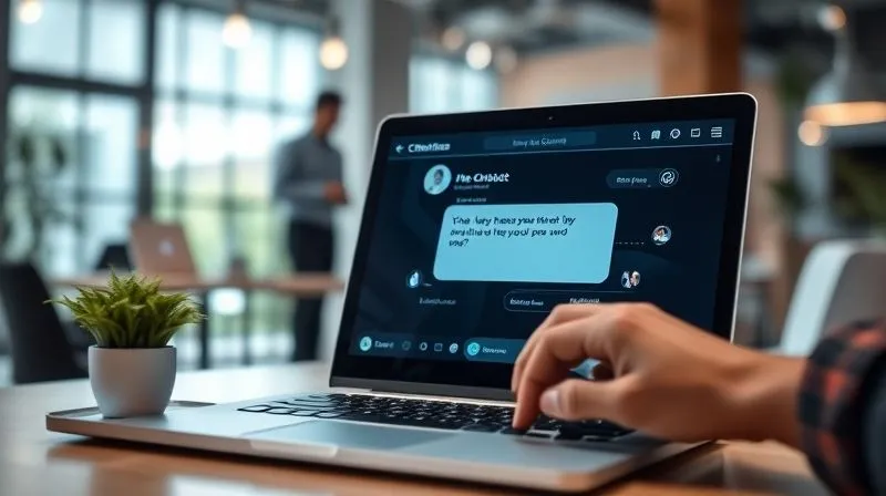 A photorealistic image of a sleek, modern chatbot interface on a laptop screen, with a human hand typing a question. The background shows a blurred, bustling coworking space. Cinematic lighting, sharp focus on the screen, depth of field. 8K.