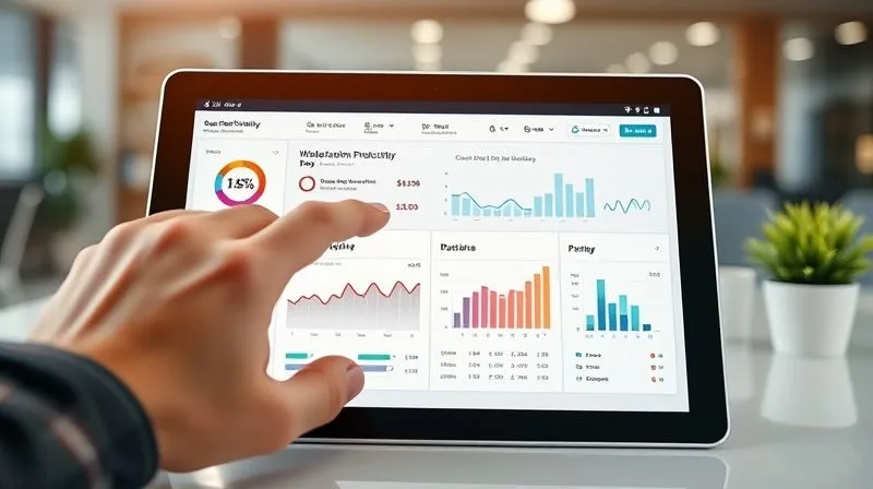 A photorealistic image of a person's hand interacting with a tablet displaying a dashboard with various graphs and charts, showing positive trends in productivity and time saved. The background is a modern, clean workspace. Cinematic lighting, sharp focus on the tablet screen, depth of field. 8K.