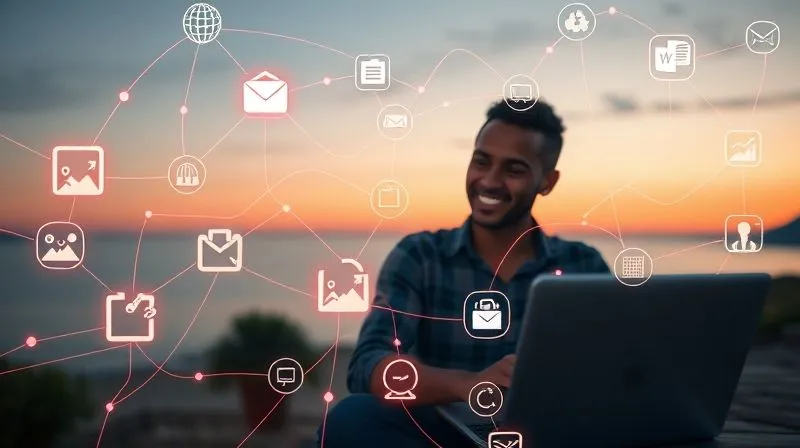 A photorealistic image depicting a complex, yet smooth and interconnected digital workflow, with various icons representing tasks like email, scheduling, project management, and reporting. The connections are glowing lines, indicating data flow. In the background, a person (diverse, neutral) is smiling, relaxed, working from a beautiful, calm remote location, suggesting efficiency and peace. Cinematic lighting, sharp focus on the workflow, depth of field blurring the background, 8K hyper-detailed, professional photography, shot on a high-end DSLR.
