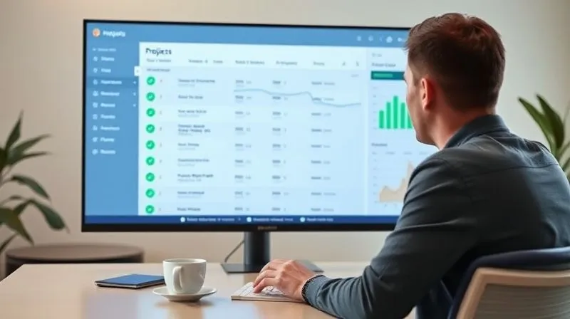 A photorealistic image of a highly organized project management dashboard on a large screen, displaying tasks, deadlines, and team progress with green checkmarks for completed items. The interface is clean and intuitive, with subtle animations indicating automated updates. In the foreground, a person (diverse, neutral) is calmly reviewing the dashboard, a cup of coffee beside them, with a serene backdrop of a modern, minimalist workspace. Cinematic lighting, sharp focus on the dashboard, depth of field blurring the background, 8K hyper-detailed, professional photography, shot on a high-end DSLR.
