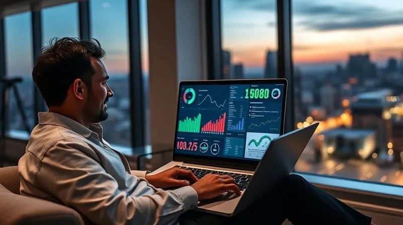 A photorealistic image of a person (diverse, neutral) sitting comfortably at a laptop, reviewing a series of interconnected digital dashboards displaying various performance metrics, charts, and graphs. The screen shows a clear progression of positive results, indicated by upward trends and green indicators. The person has a thoughtful, satisfied expression, suggesting successful optimization. The background is a modern, minimalist workspace with a large window overlooking a city skyline at dusk. Cinematic lighting, sharp focus on the laptop screen, depth of field blurring the background, 8K hyper-detailed, professional photography, shot on a high-end DSLR.