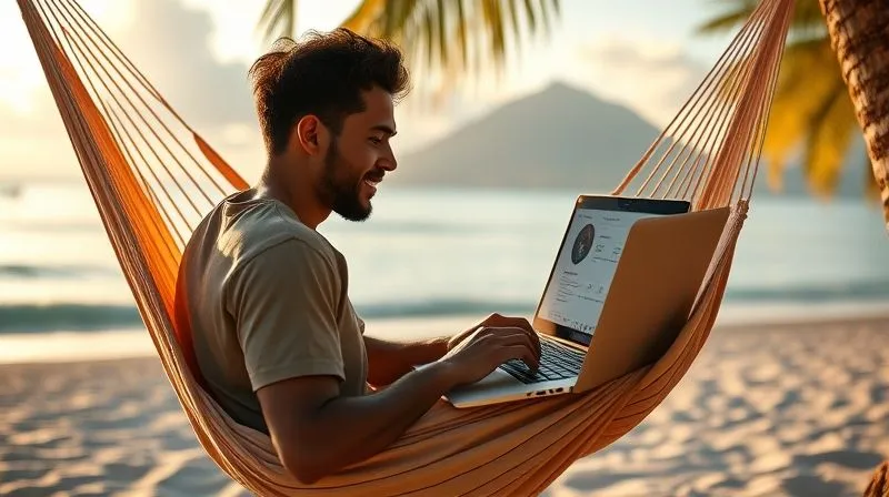 A photorealistic image of a diverse, serene nomad (gender-neutral) sitting comfortably in a hammock on a tropical beach, gently typing on a slim, modern laptop. The laptop screen shows a simplified, clean interface with indicators of efficiency and completed tasks. The nomad has a relaxed, content expression, gazing towards the calm ocean. The scene is bathed in warm, golden hour light, emphasizing peace and freedom. Cinematic lighting, sharp focus on the nomad and laptop, depth of field blurring the distant ocean and palm trees, 8K hyper-detailed, professional photography, shot on a high-end DSLR.