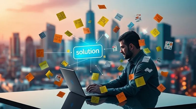 A photorealistic image of a digital nomad sitting at a laptop, surrounded by a swirling vortex of sticky notes and digital tasks, with a single hand reaching out to grab a 'solution' button that emits a soft, intelligent glow. The background is a vibrant, blurred city skyline, suggesting movement and a busy life. Professional photography, 8K, cinematic lighting, sharp focus on the nomad and the tasks, depth of field blurring the background, shot on a high-end DSLR.