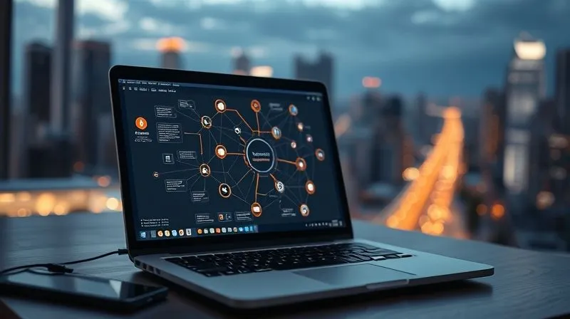 A photorealistic close-up of a sleek, modern digital nomad's workspace, featuring a laptop displaying a complex, interconnected workflow diagram with glowing lines representing automated processes. Surrounding the laptop are minimalist icons of various productivity and automation apps, all in sharp focus. The background is a soft-focus, aesthetically pleasing view of a vibrant cityscape at dawn. Professional photography, 8K, cinematic lighting, sharp focus, depth of field, shot on a high-end DSLR.