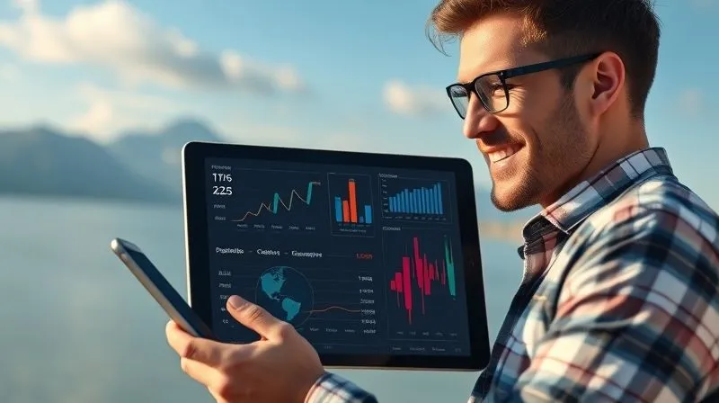 A photorealistic image of a digital nomad looking at a tablet, which displays a clear, vibrant dashboard with various graphs and charts showing positive growth and efficiency gains. The nomad has a satisfied and confident expression, with a beautiful, serene natural landscape (mountains or ocean) in the soft-focus background. Professional photography, 8K, cinematic lighting, sharp focus on the tablet and the nomad, depth of field, shot on a high-end DSLR.