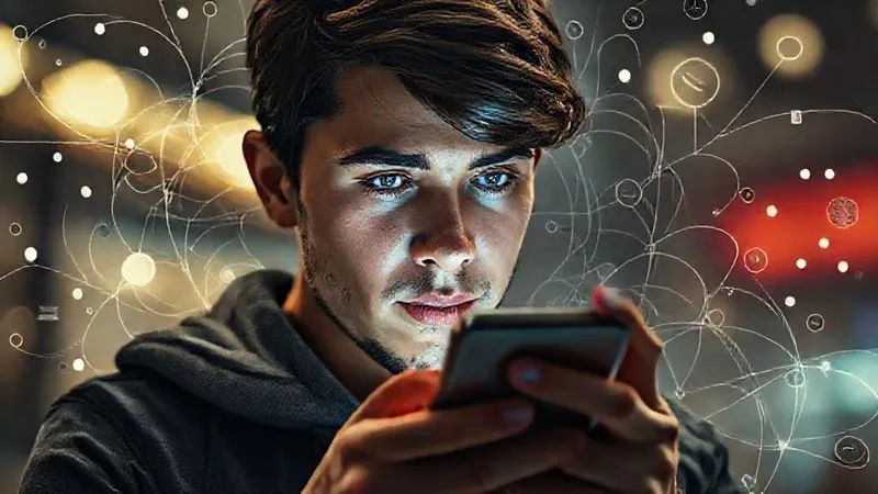 A photorealistic image of a digital nomad looking intently at a smartphone with a language app, but with a subtle overlay of complex, swirling lines and abstract symbols representing the gap between basic app learning and the intricate demands of professional communication. Cinematic lighting, sharp focus on the phone and the nomad's thoughtful expression. 8K hyper-detailed, shot on a high-end DSLR. The mood is contemplative and slightly challenging.