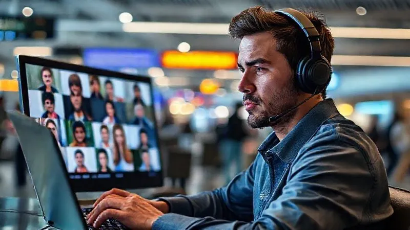 A photorealistic, professional photography image depicting a digital nomad wearing headphones, looking slightly overwhelmed while participating in a virtual meeting on a laptop. Multiple faces from different cultures are visible on the screen, some talking simultaneously. The background shows a bustling international airport lounge. Cinematic lighting, sharp focus on the nomad's expression of intense concentration and slight stress. 8K hyper-detailed, shot on a high-end DSLR. The emotion is the challenge of real-time, complex communication.