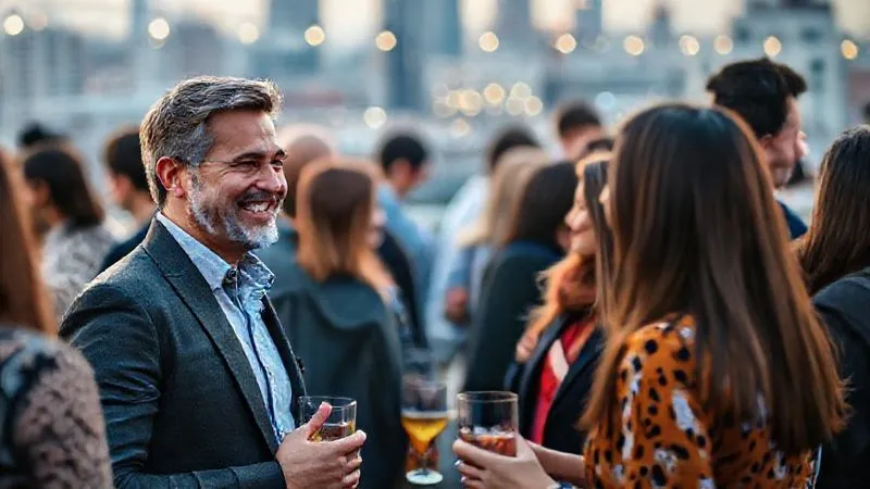 A photorealistic, professional photography image of a digital nomad actively participating in a local business networking event in a vibrant, foreign city. The nomad is smiling and engaging in conversation with a diverse group of professionals. The setting is a modern rooftop bar or a bustling co-working event. Cinematic lighting, sharp focus on the interaction, depth of field blurring the background crowd. 8K hyper-detailed, shot on a high-end DSLR. The emotion is confidence and successful integration.