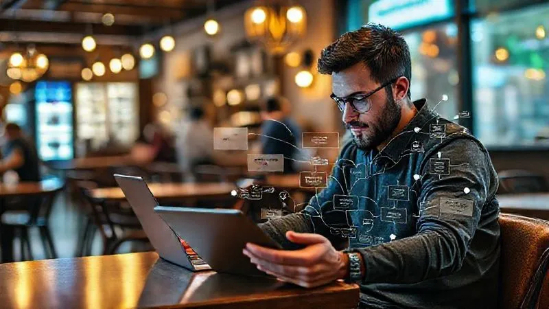 A photorealistic image of a digital nomad sitting at a cafe table, laptop open, but looking thoughtfully at a flowchart or mind map on a tablet, with lines connecting various tasks and potential automation points. The background is a bustling but aesthetically pleasing cafe scene, 8K, cinematic lighting, sharp focus on the nomad and devices, depth of field. Shot on a high-end DSLR.